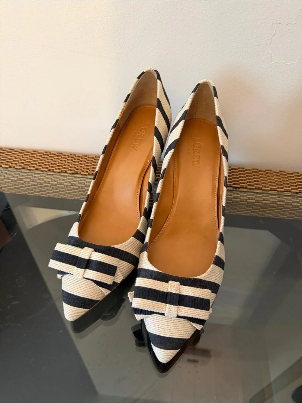 J. Crew Navy and Cream Striped Pointed-Toe Bow Heels